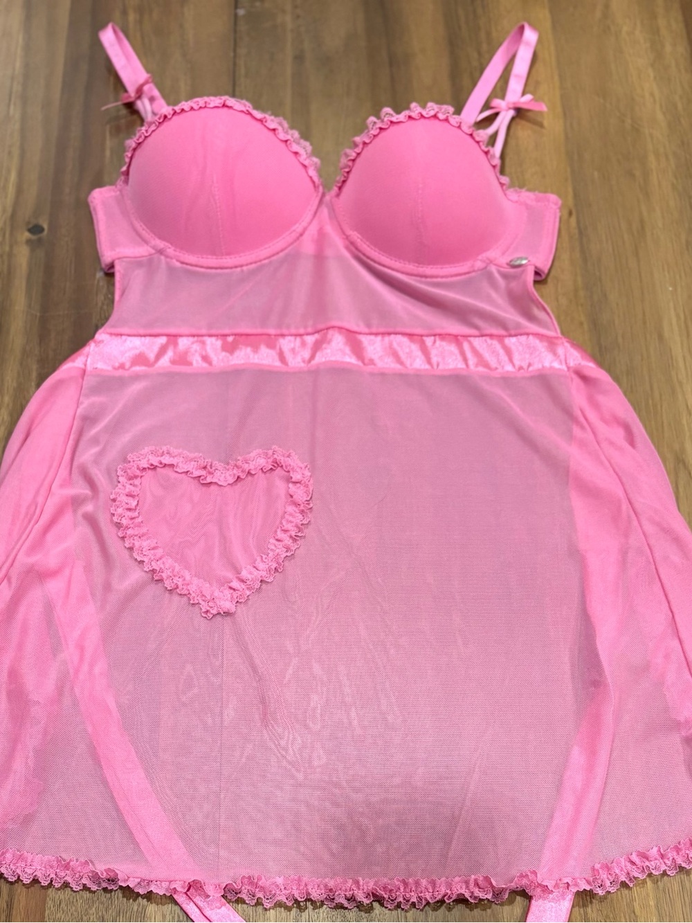 Betsey Johnson Pink Sheer Babydoll Chemise with Heart Accent